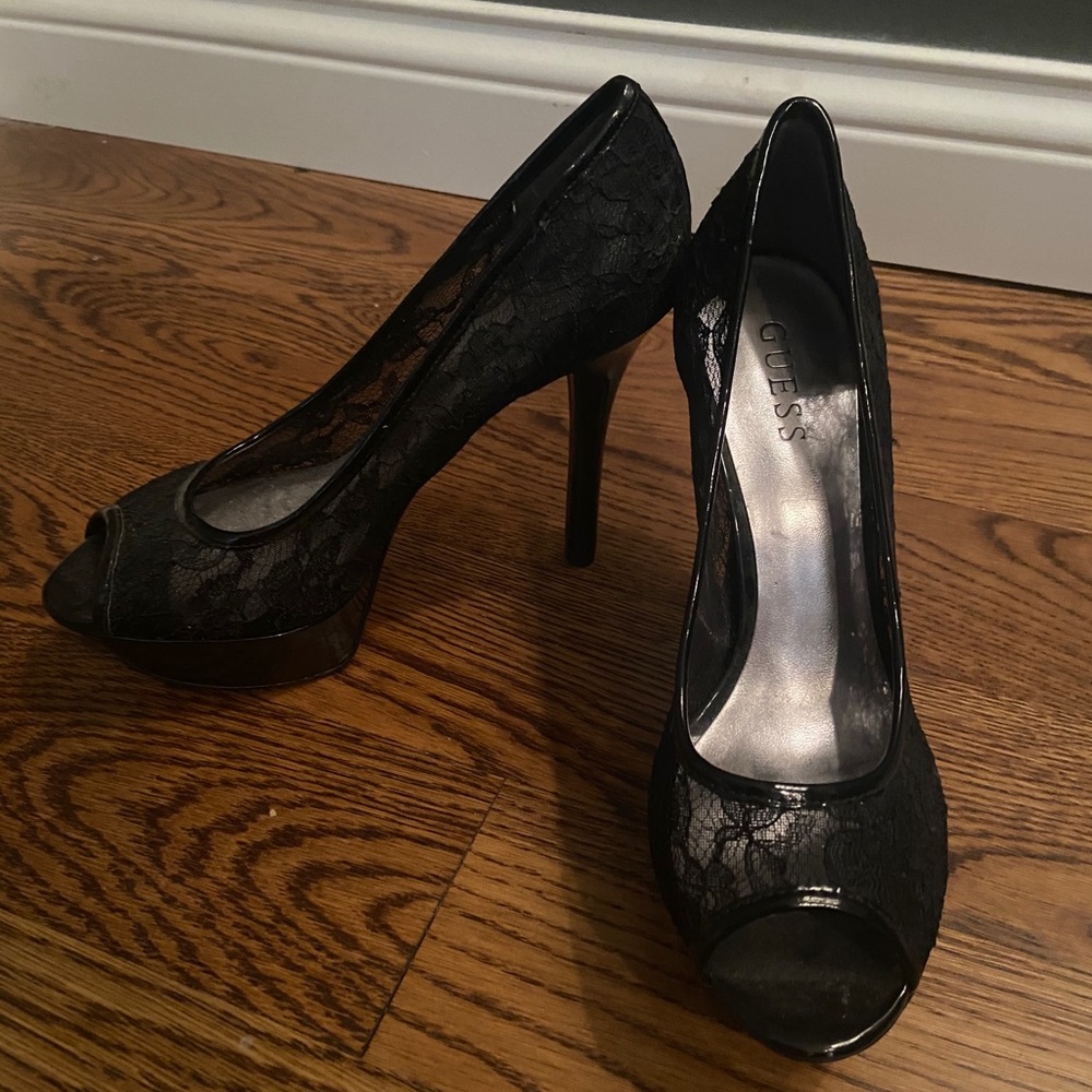 Guess black lace platform heels